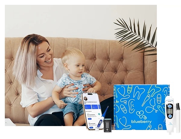 A parent and child using the telehealth app and medical home kit at home